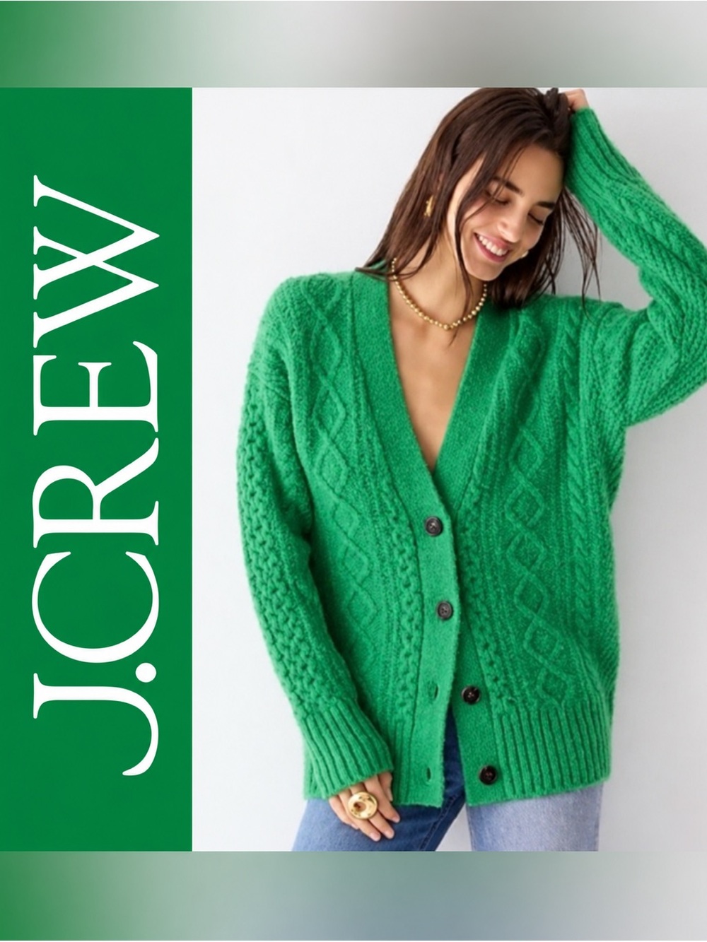 J.Crew NWT Emerald Green Cable Knit Merino Wool Blend Cardigan Sweater S